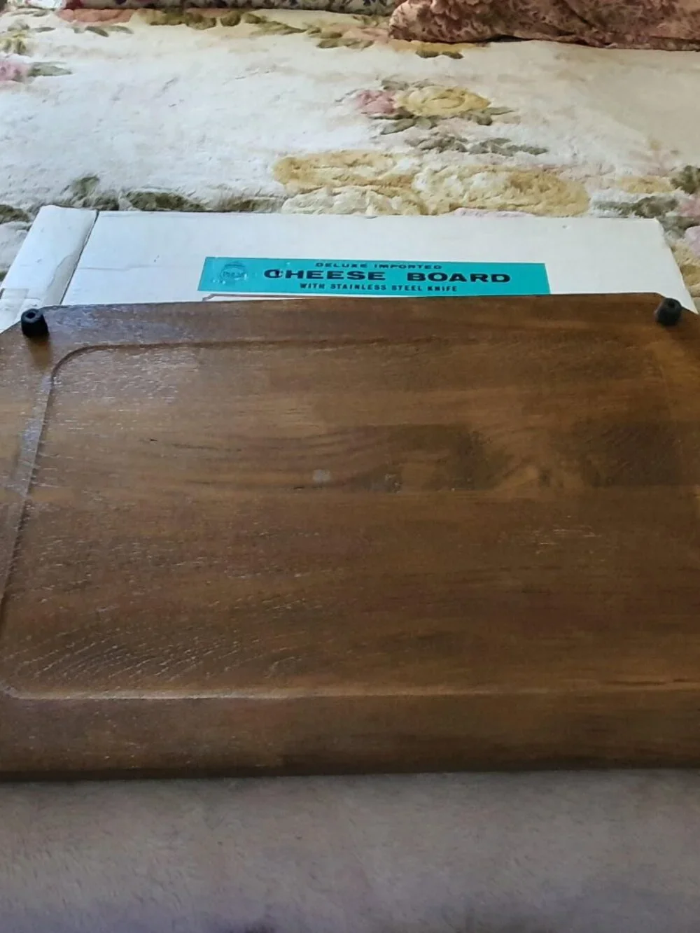 Vintage 70s Gail Craft Wood & Ceramic Cheese Board with knife Orange Flowers